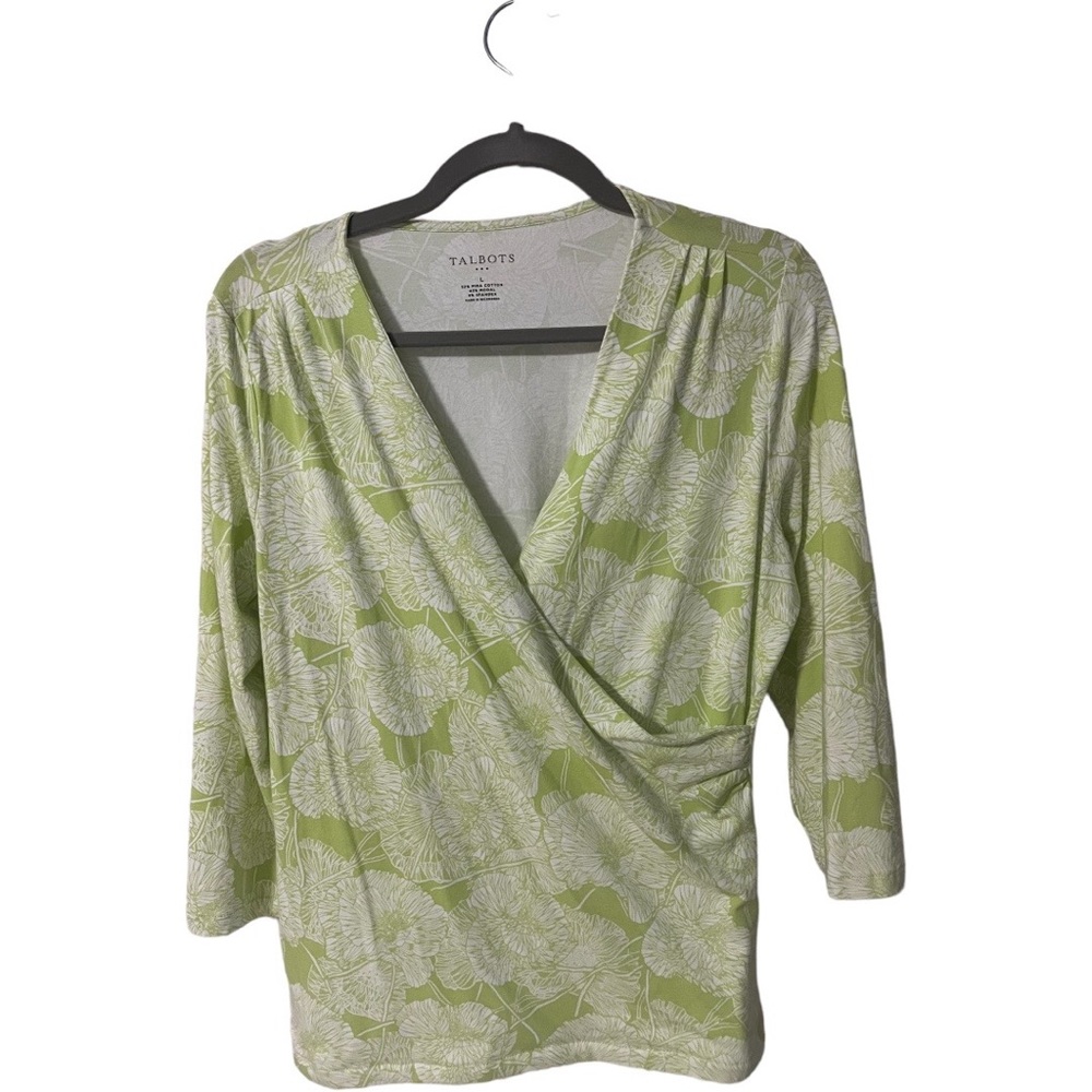 Talbots 3/4 sleeve top in green & white and size large